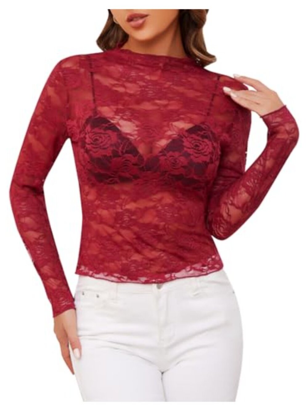 Women's Mesh Floral Lace Long Sleeve Sheer Blouse